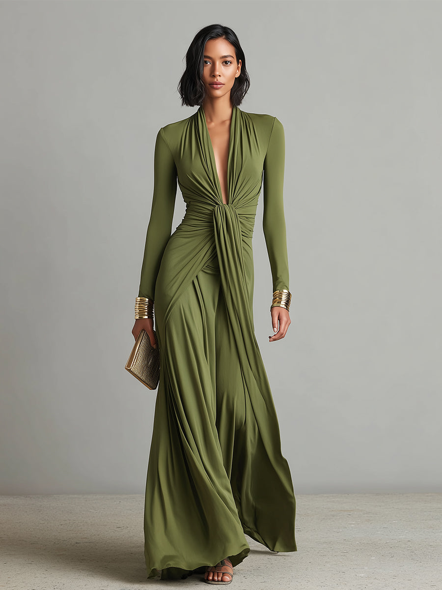 Olive | Silk Maxi Dress V-Neck