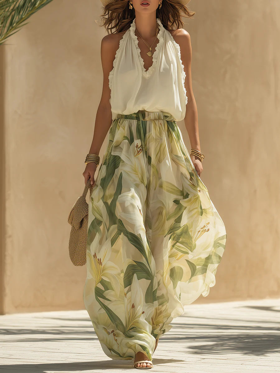 Alessandra | Chiffon Ruffle Top Print Trouser Set