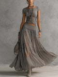 Gracia | Grey Lace-Paneled Top and Pleated Maxi Skirt Set