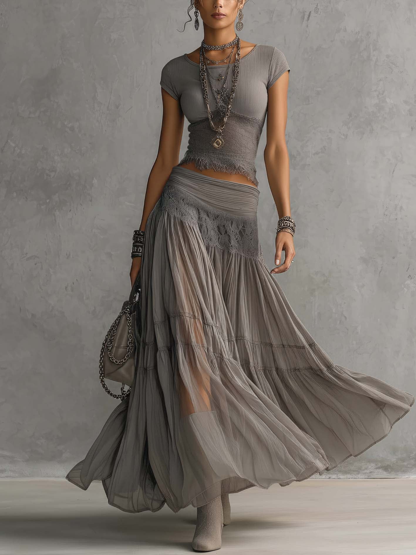 Gracia | Grey Lace-Paneled Top and Pleated Maxi Skirt Set