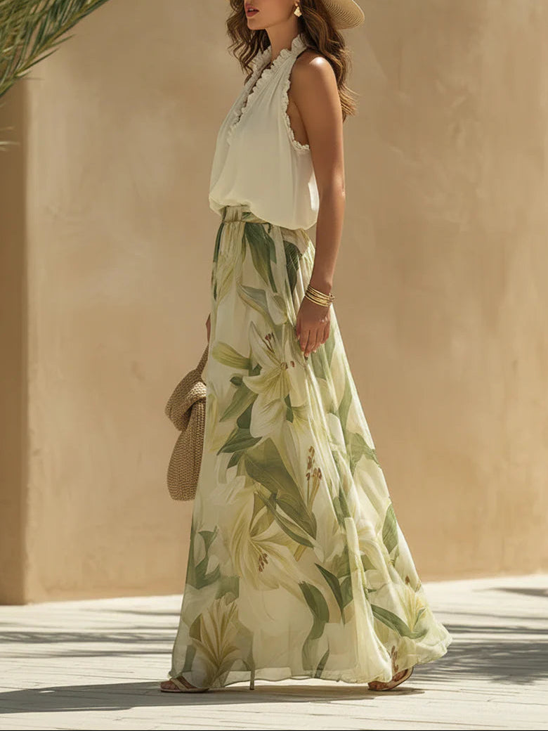 Liyla | Chiffon Ruffled Top and Lily Print Pants Set