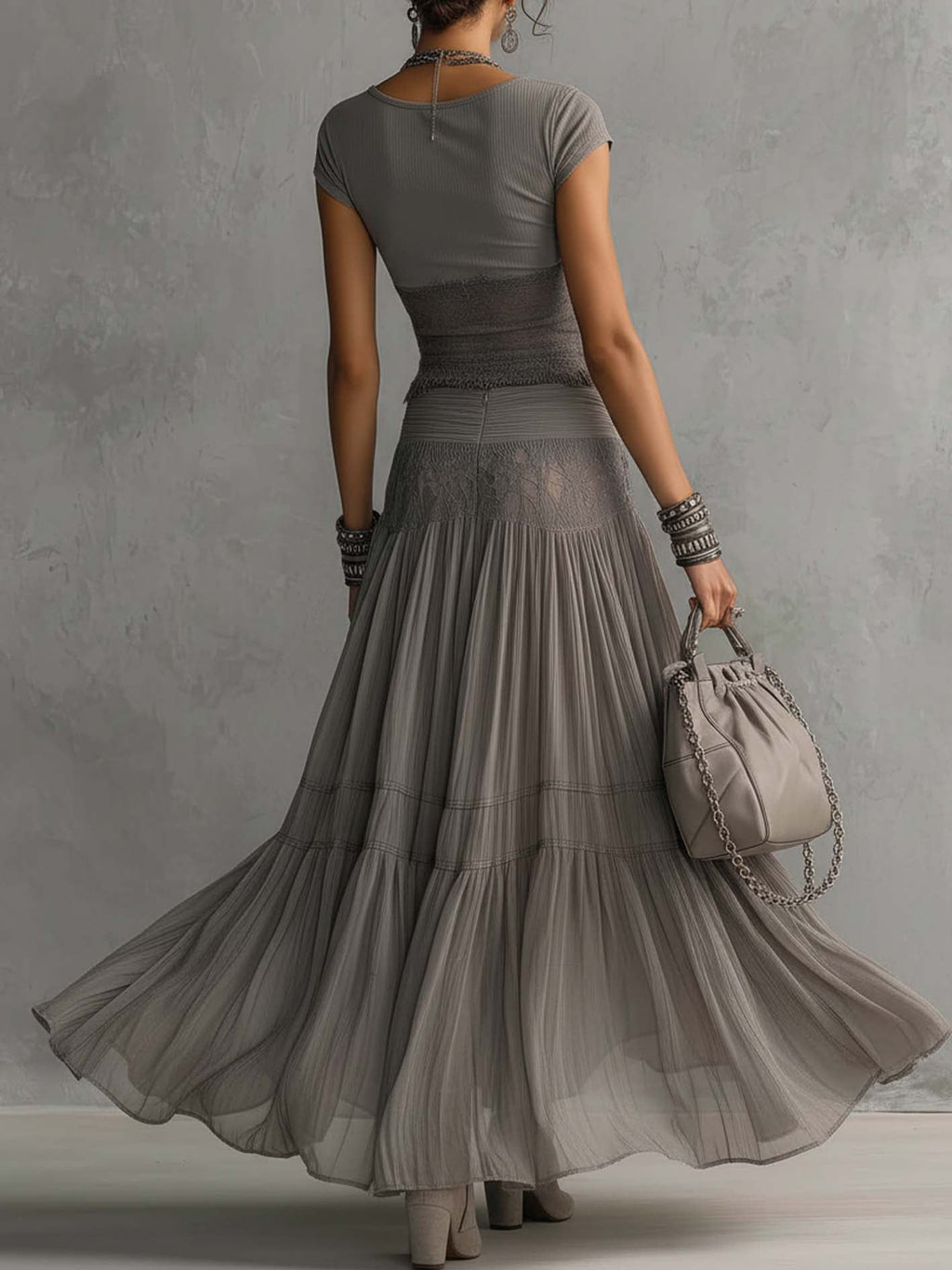 Gracia | Grey Lace-Paneled Top and Pleated Maxi Skirt Set