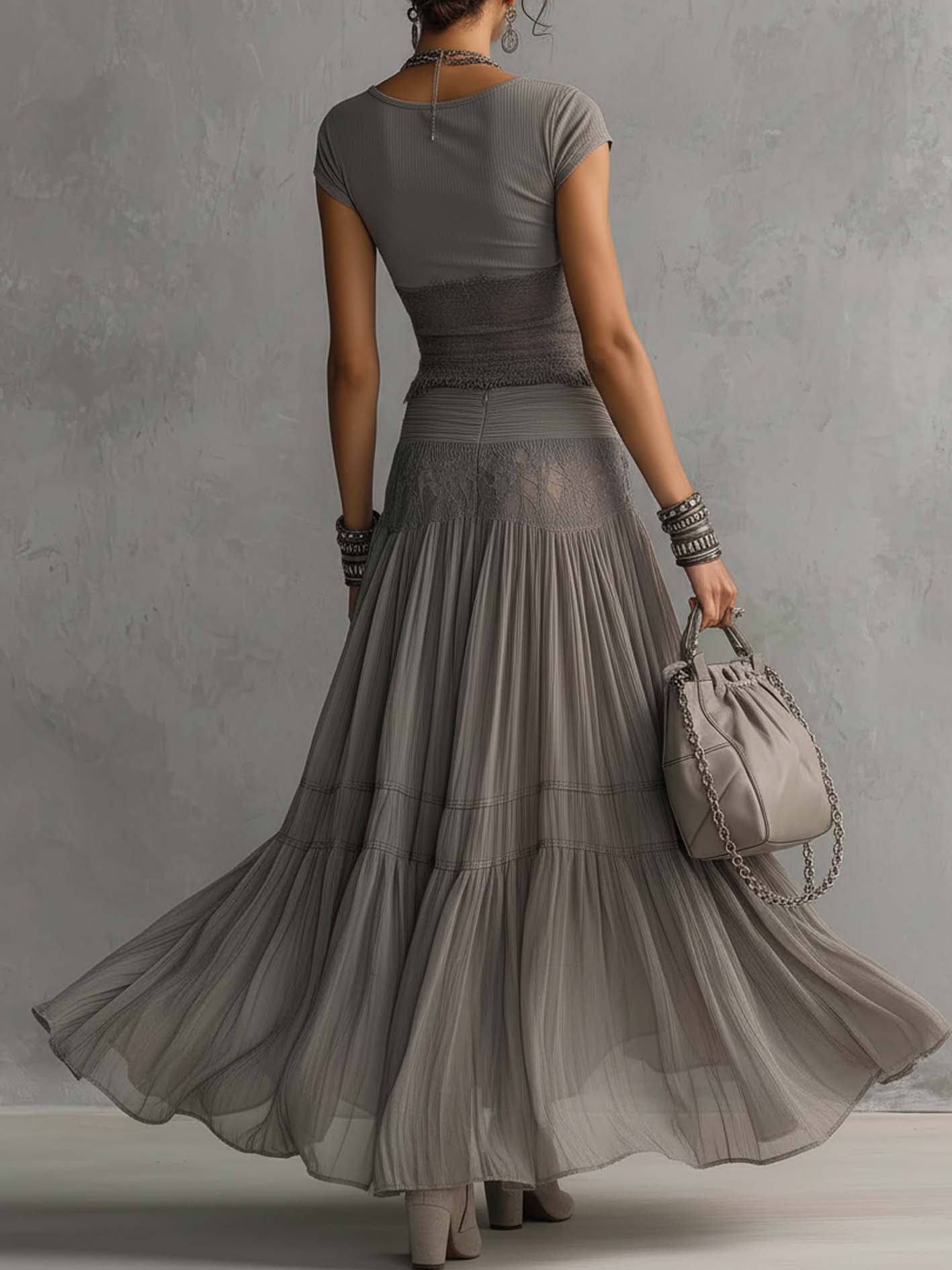 Gracia | Grey Lace-Paneled Top and Pleated Maxi Skirt Set