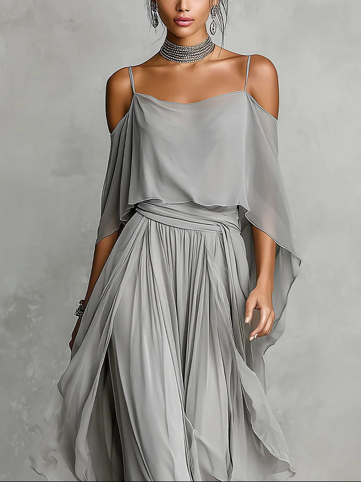Isabella | Grey Flowing Top & Chiffon Trousers Set