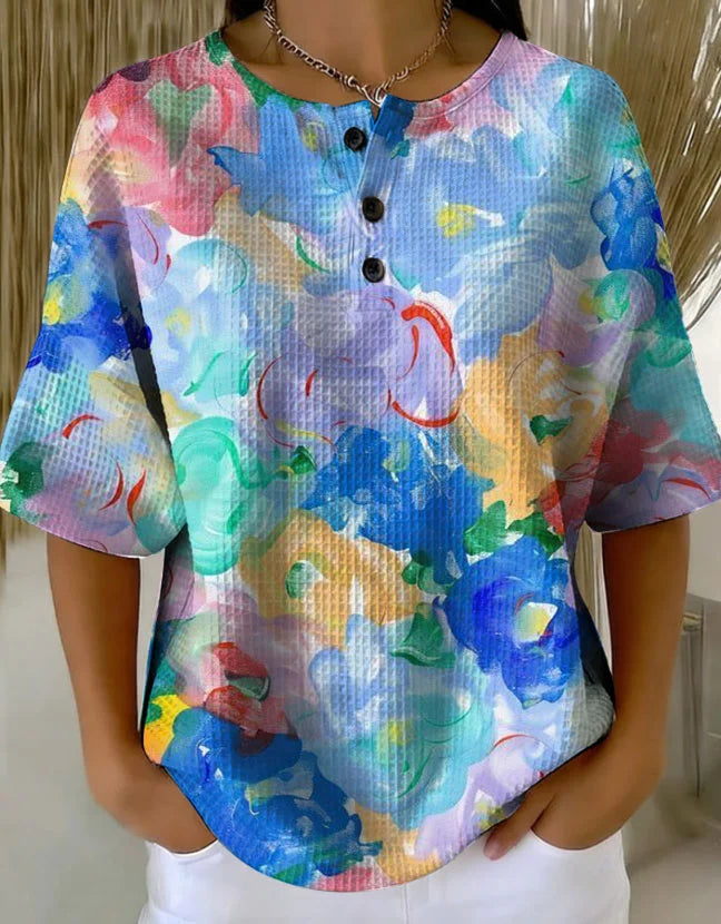 Women's Retro Multicolor Gradient Patchwork Abstraction Patterns Art Print Casual Waffle Cotton Shirt