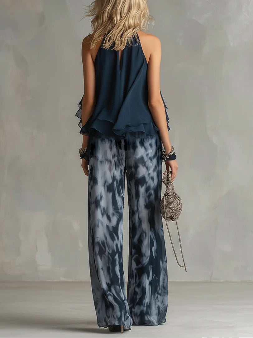 Sofia | Halter Neck Top and Printed Wide-leg Pants Set
