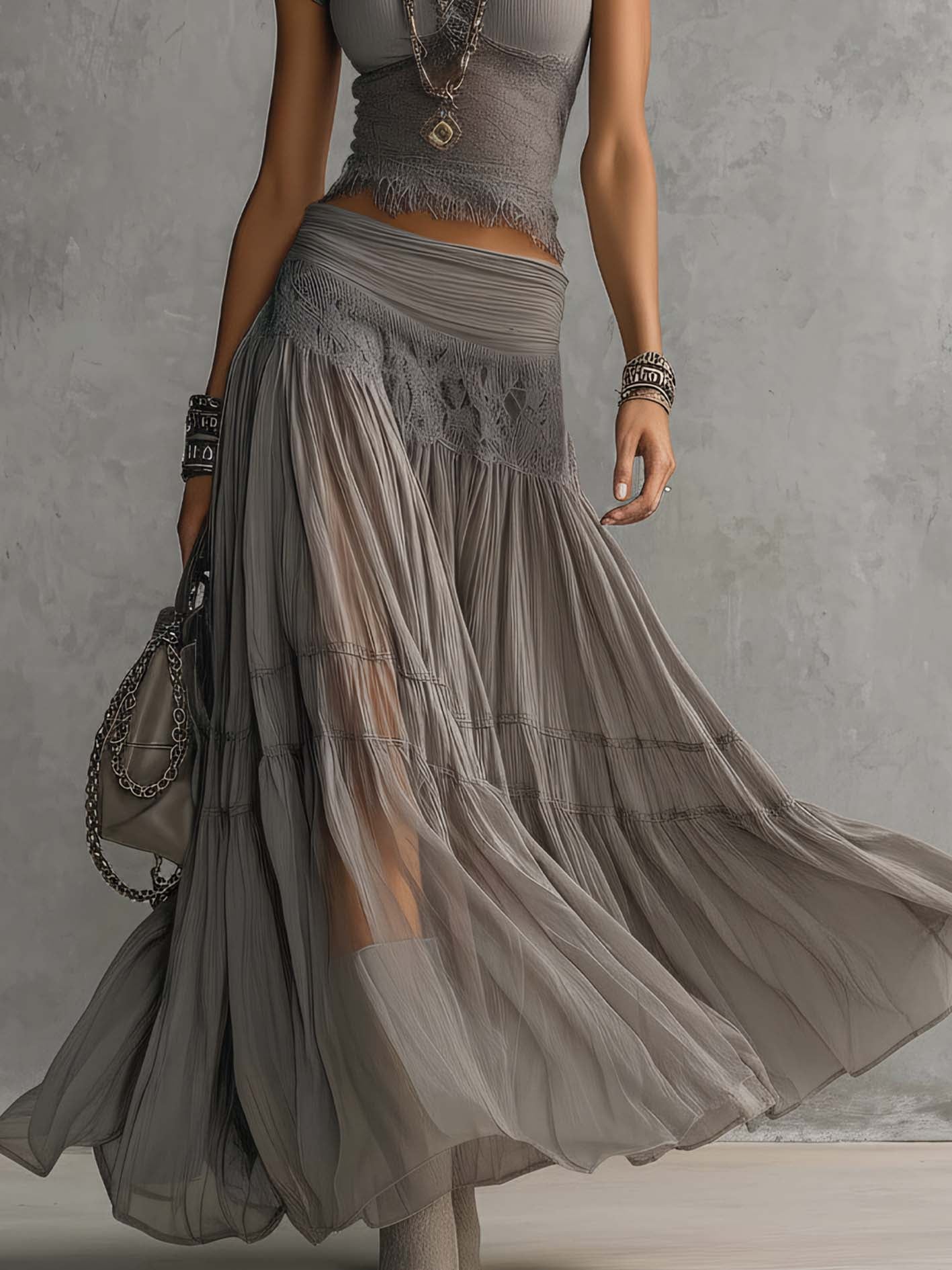 Elize | Lace-Paneled Top and Pleated Maxi Skirt Set