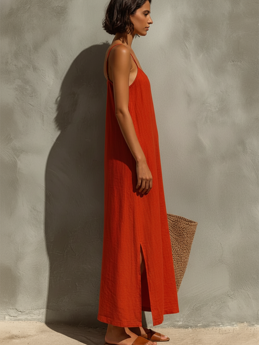 Nathalia | Red Cotton Dress With Spaghetti Straps & Square Neck Timeless Boho-Resort Style Dress