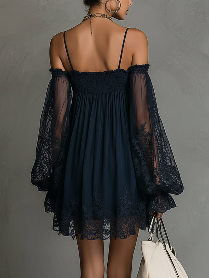 Betty | Navy Off-Shoulder Chiffon Mini Dress