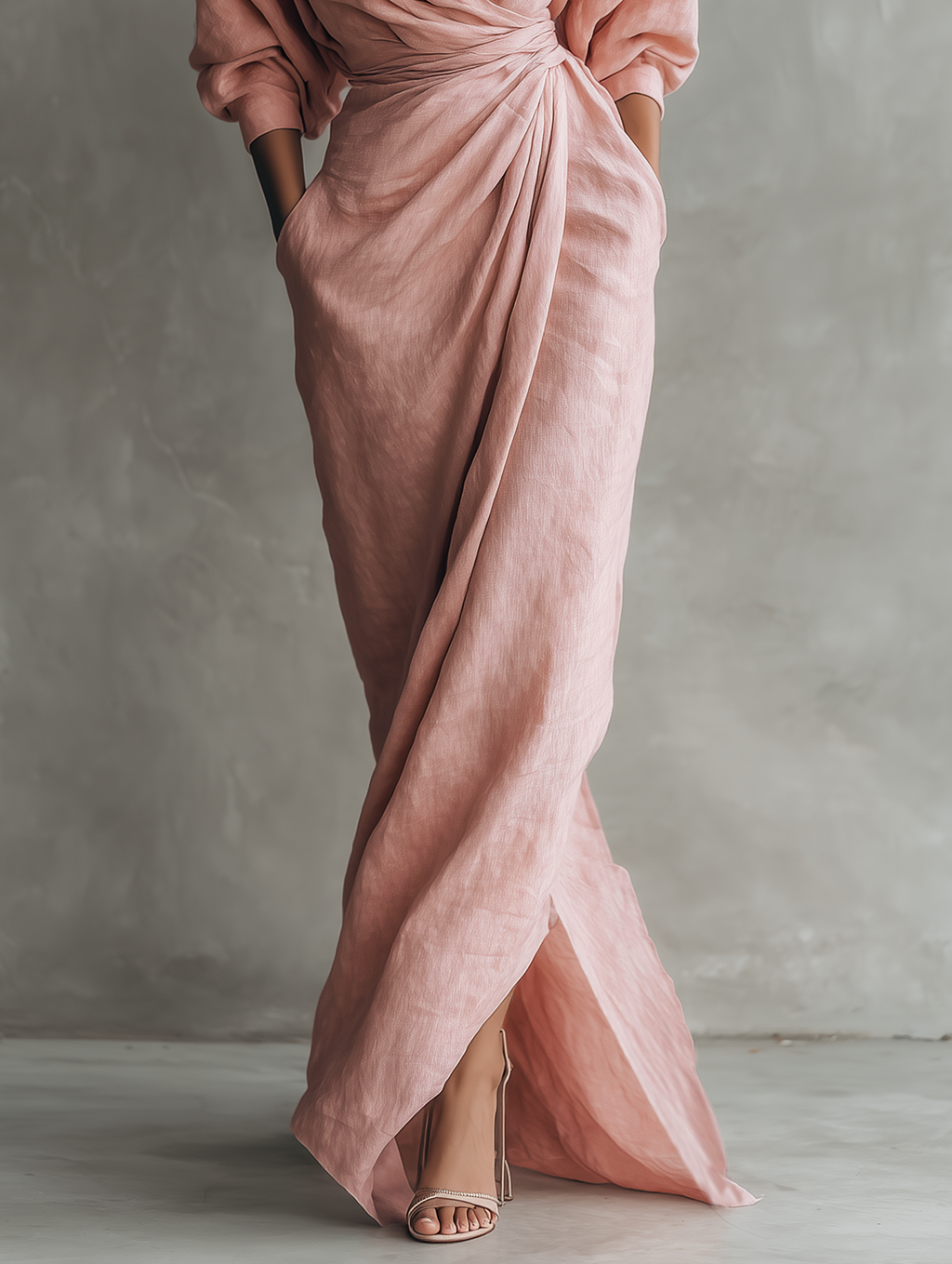Paula | Pink Linen Maxi Dress V-Neck