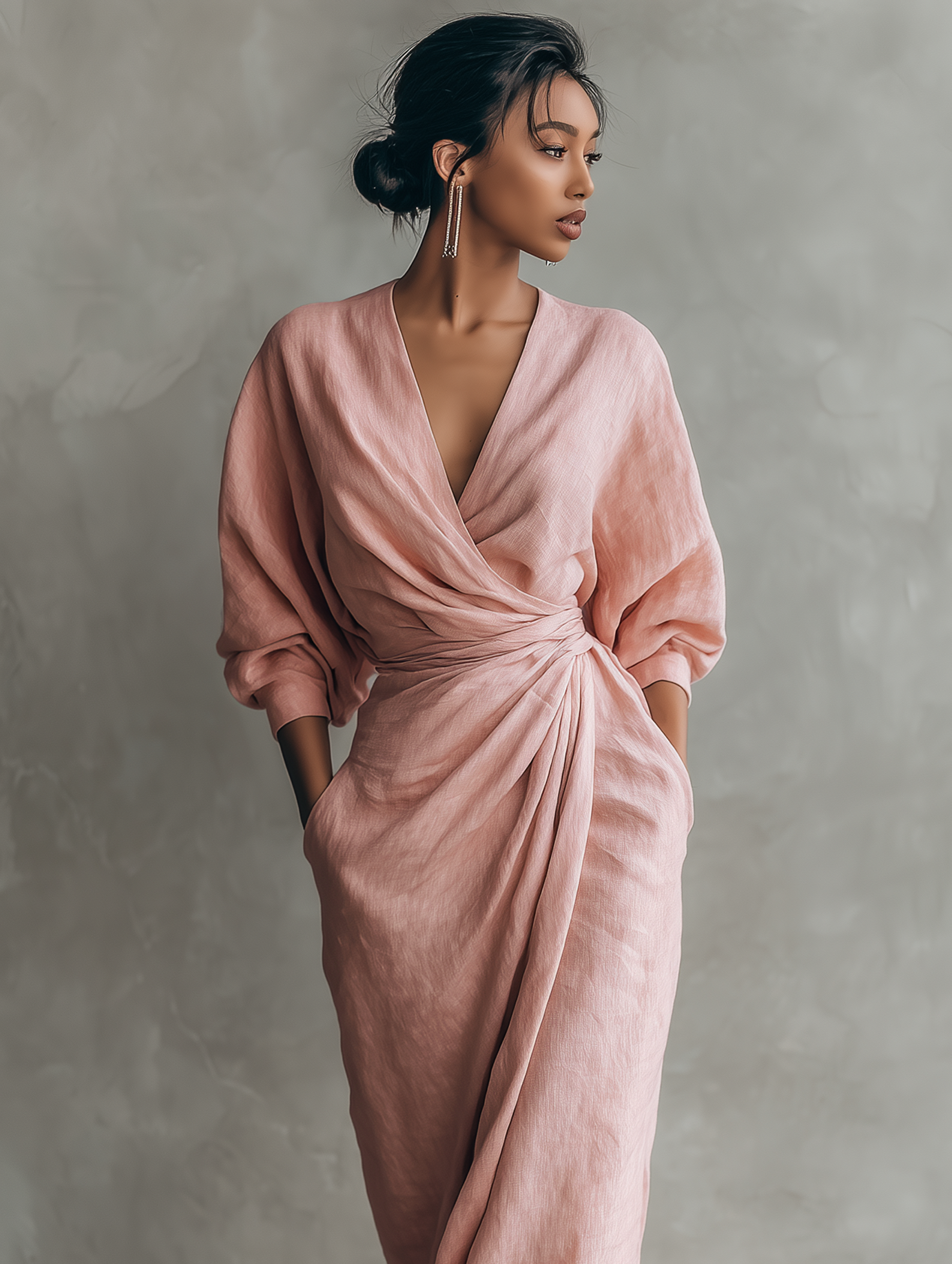 Paula | Pink Linen Maxi Dress V-Neck