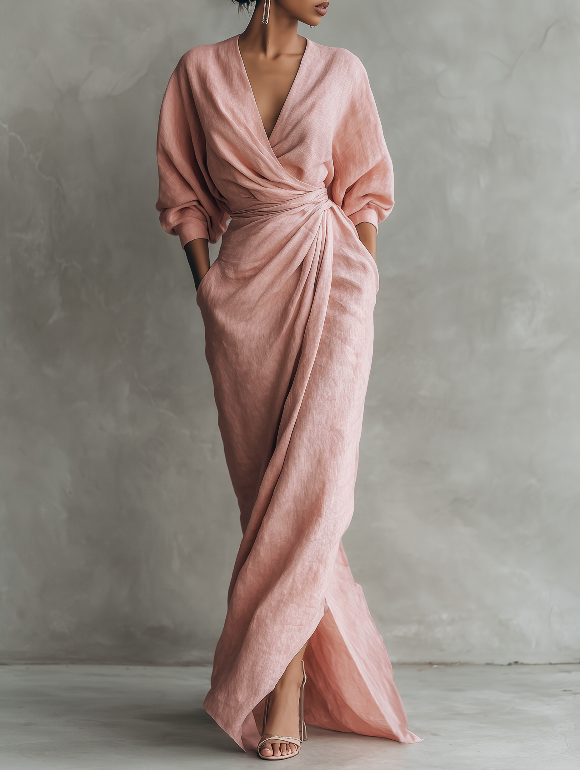 Paula | Pink Linen Maxi Dress V-Neck