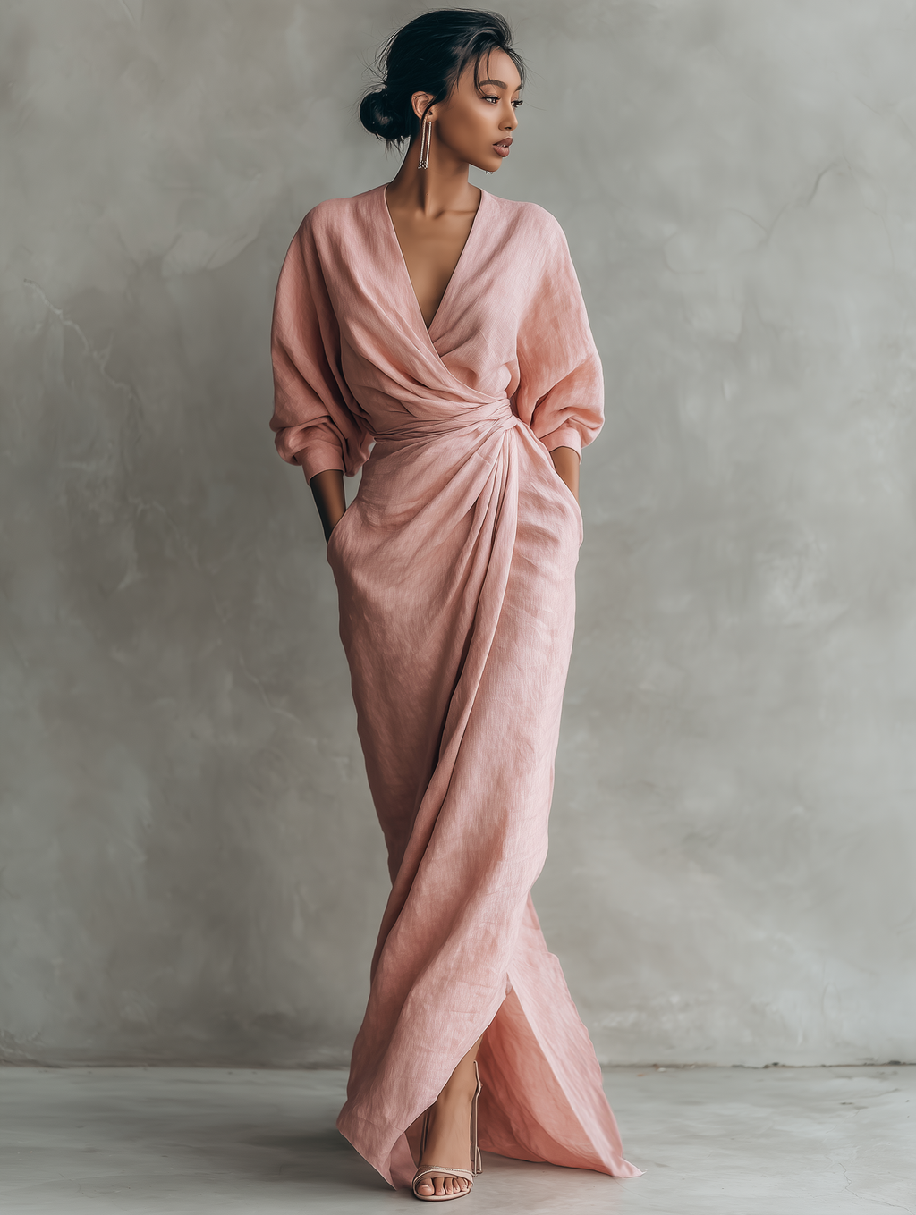 Paula | Pink Linen Maxi Dress V-Neck