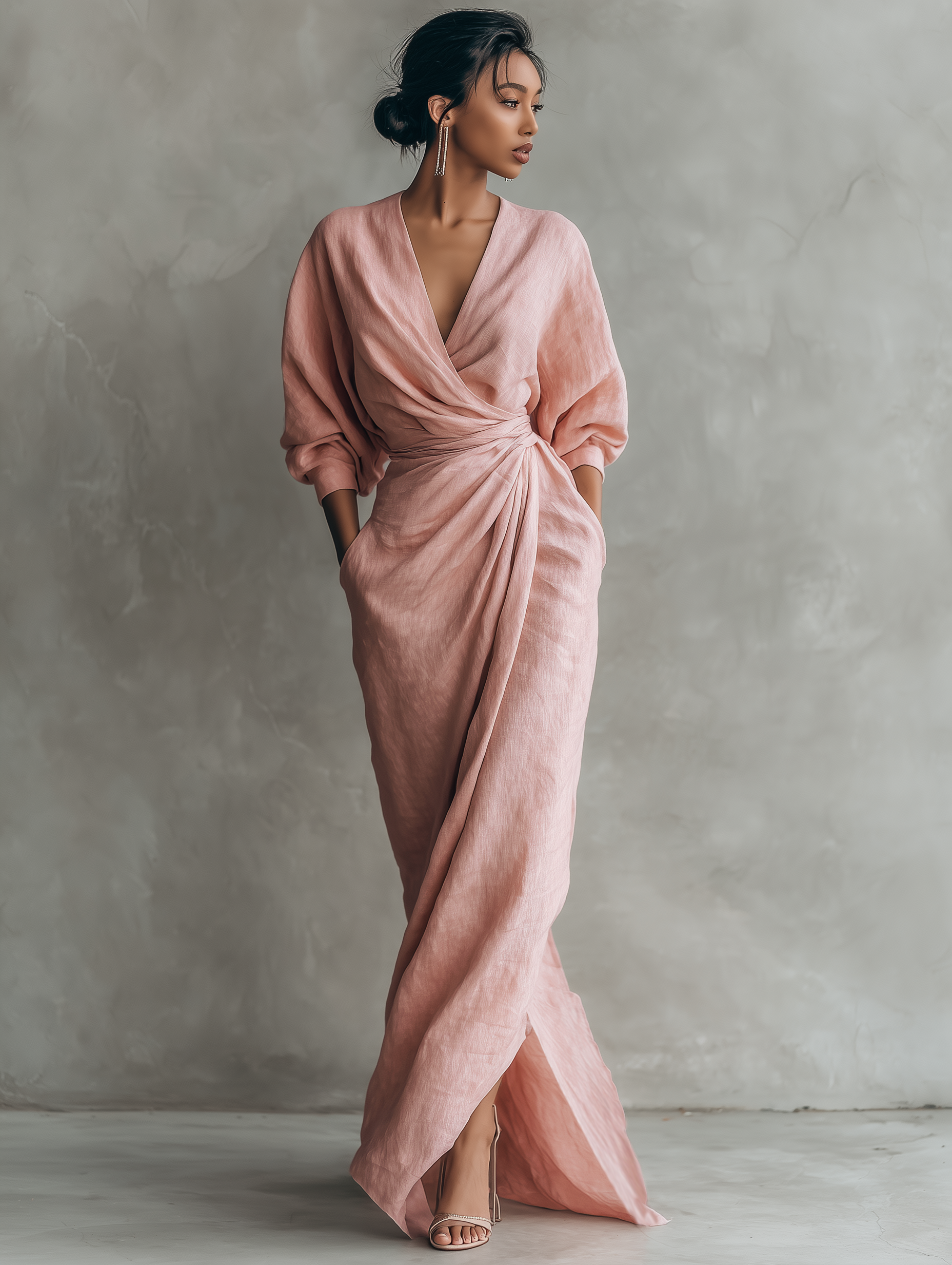 Paula | Pink Linen Maxi Dress V-Neck