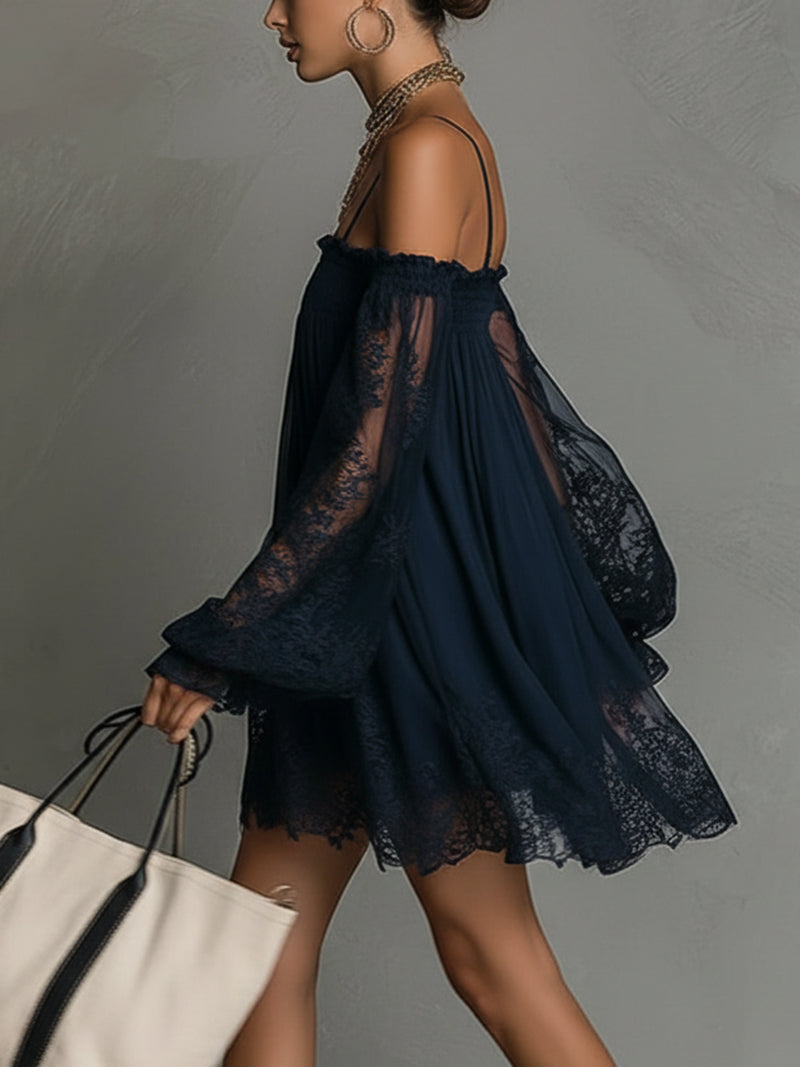 Priscilla | Short chiffon dress with off-the-shoulder neckline, lace trim, and sheer sleeves