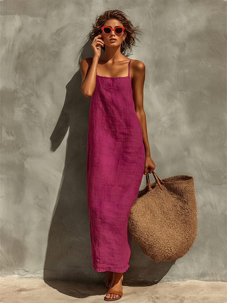 Nathalia | Red Cotton Dress With Spaghetti Straps & Square Neck Timeless Boho-Resort Style Dress