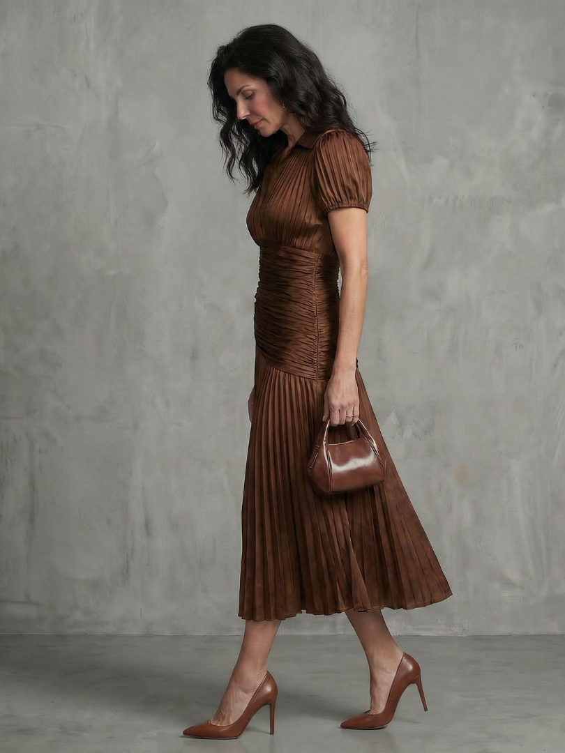 Theodora | Pleated Waist Stripe Midi Dress