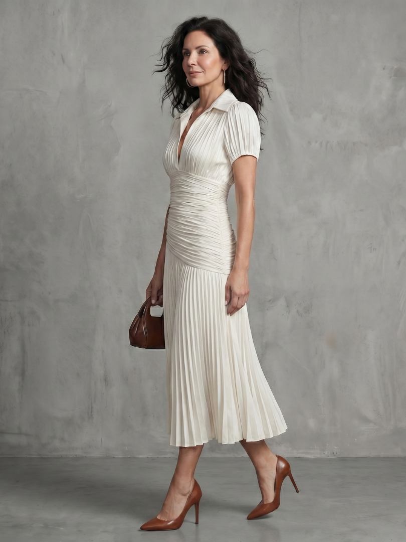 Theodora | Pleated Waist Stripe Midi Dress