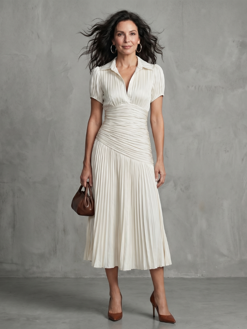 Theodora | Pleated Waist Stripe Midi Dress
