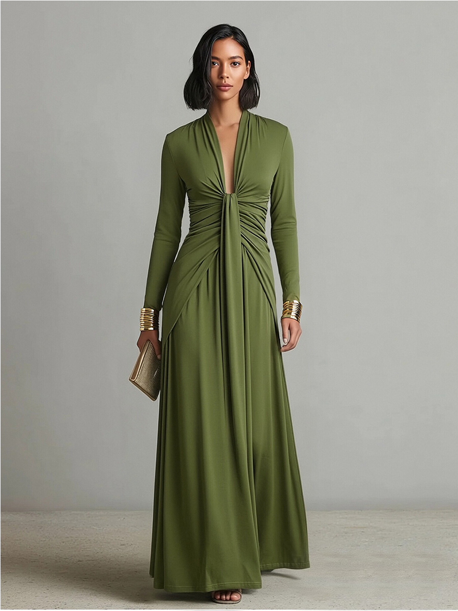 Olive | Silk Maxi Dress V-Neck