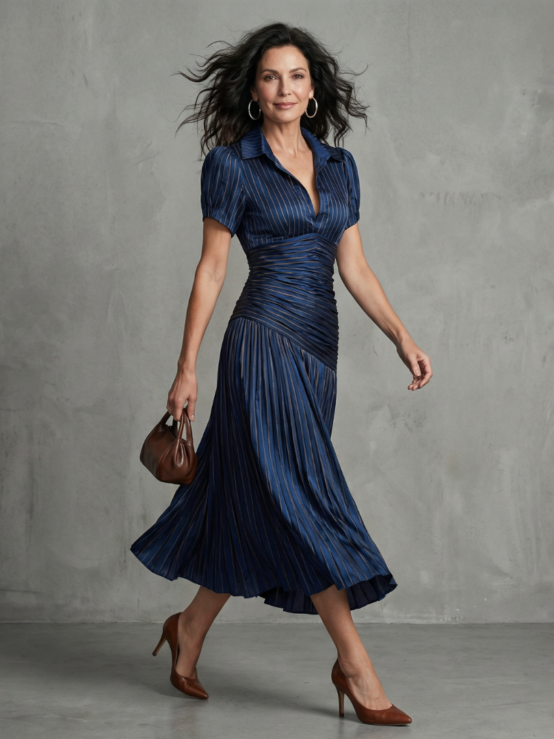 Theodora | Pleated Waist Stripe Midi Dress
