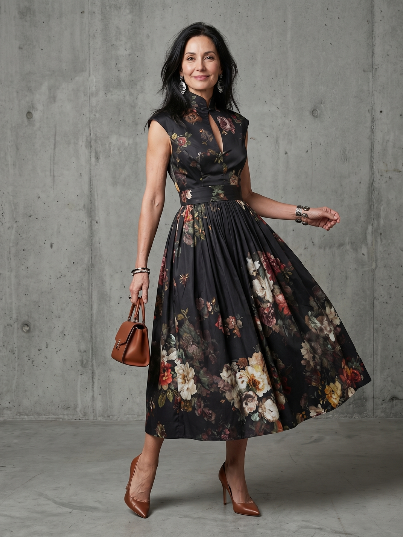 Greta | High Neck Keyhole Floral Midi Dress