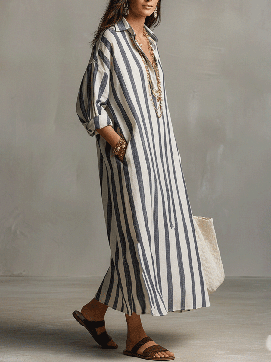 Angelica | Casual Striped Shirt Bohemian Style Maxi Dress