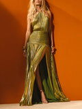 Katie | Trendy Metallic Plissé Halter Gown