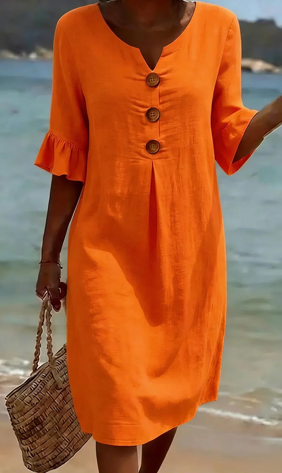Victoria | Linen-Texture Puff Sleeve Button Dress