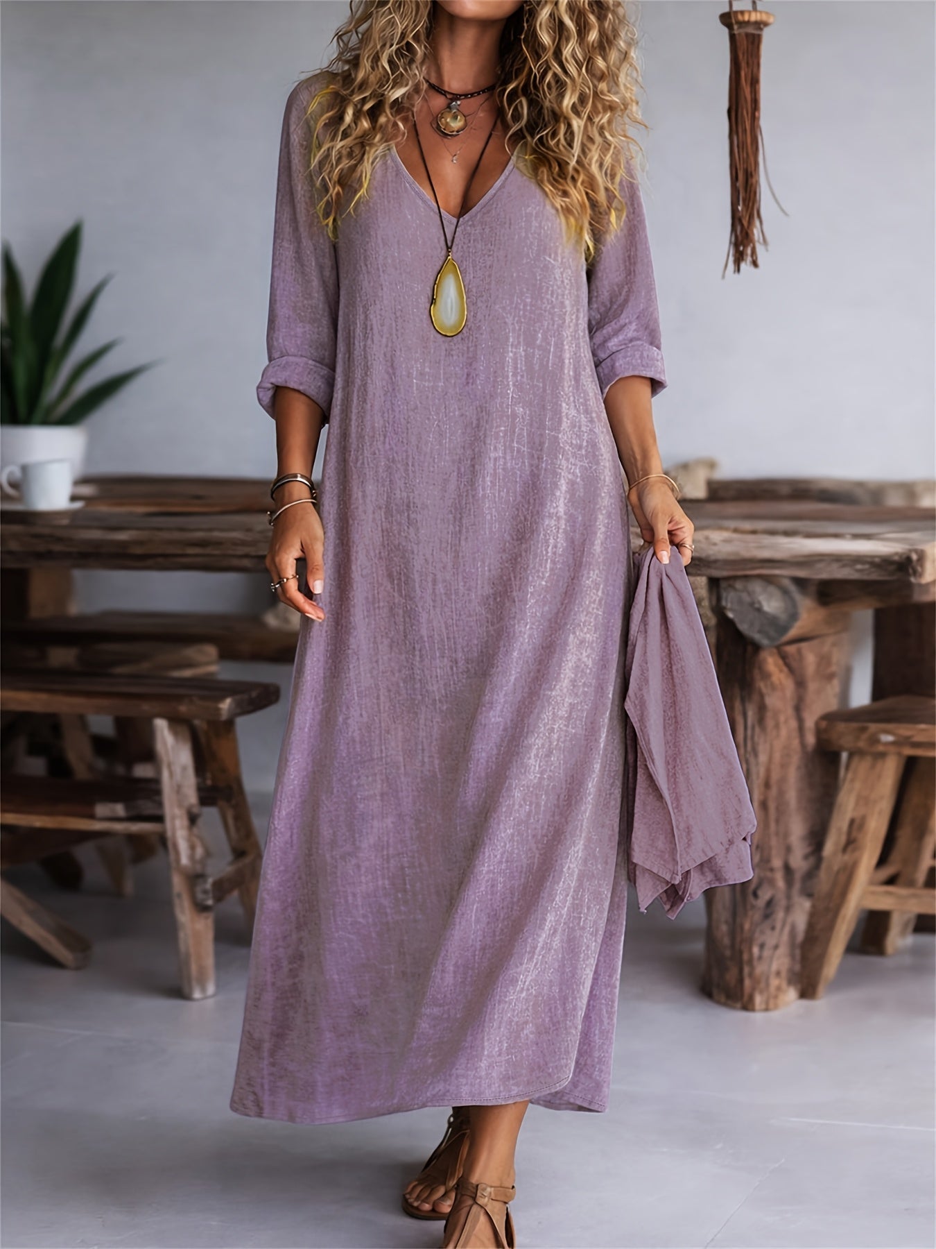 Clarisse | Women's V-neck Long Sleeve Solid Color Casual Loose Dress