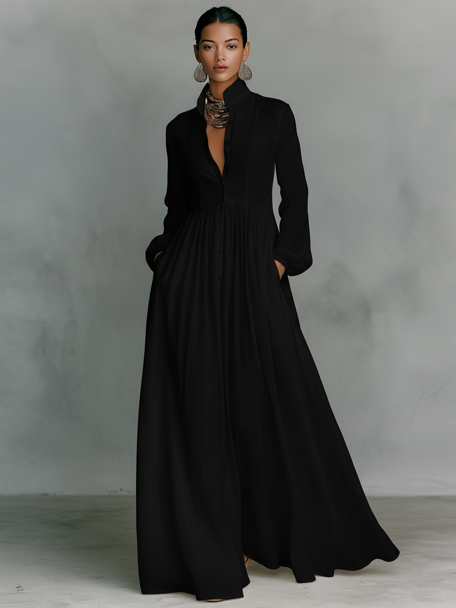 Sienna | Patchwork Linen Maxi Dress Stand Collar