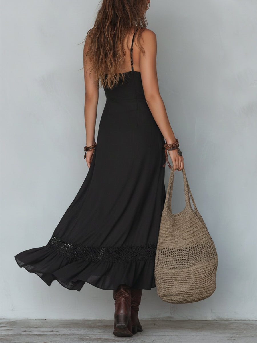 Cindy | Women's Lace Splicing Spaghetti Strap Irregular Ruffle Maxi Dress