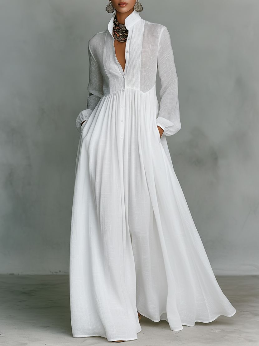 Sienna | Patchwork Linen Maxi Dress Stand Collar