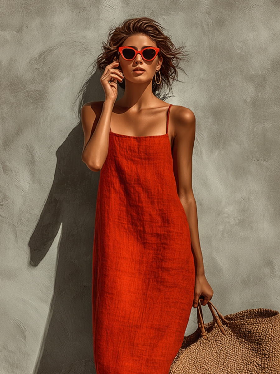 Nathalia | Red Cotton Dress With Spaghetti Straps & Square Neck Timeless Boho-Resort Style Dress