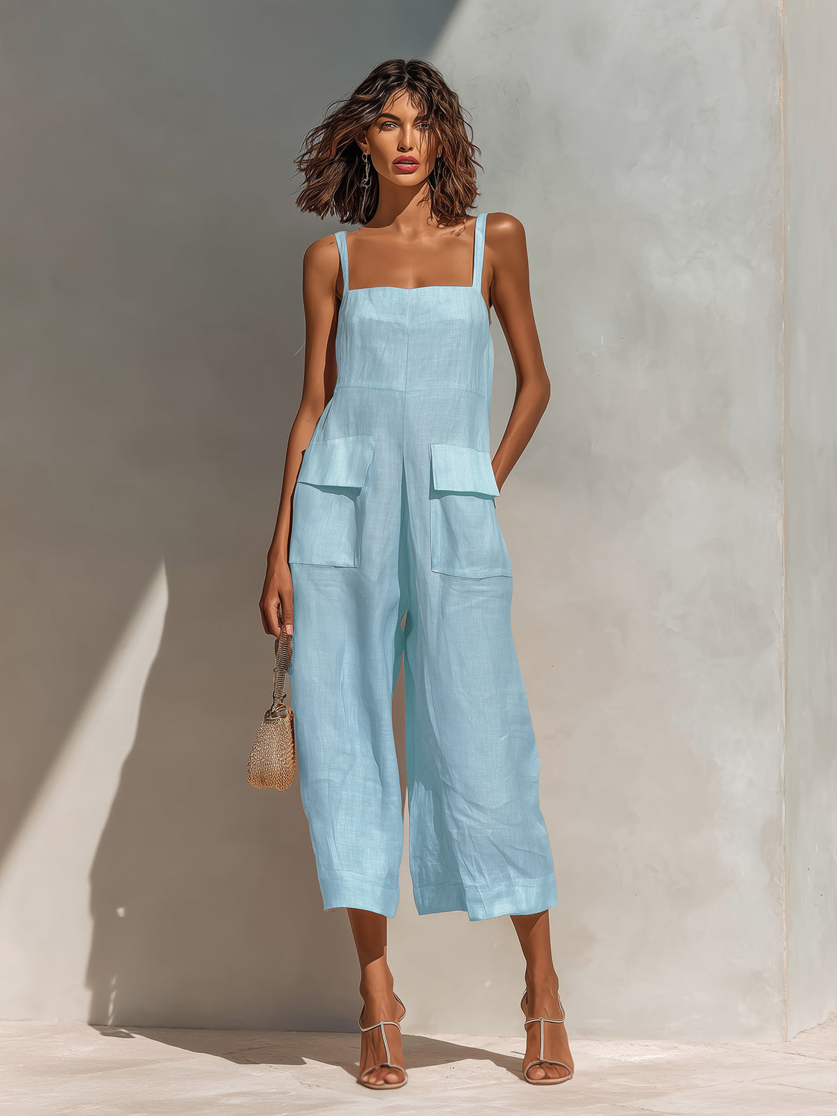 Elara | Chic Elegant Pink Cotton Linen Blend Thin Straps Sleeveless Patch Pockets Loose-Fit Wide-Leg Cropped Jumpsuit
