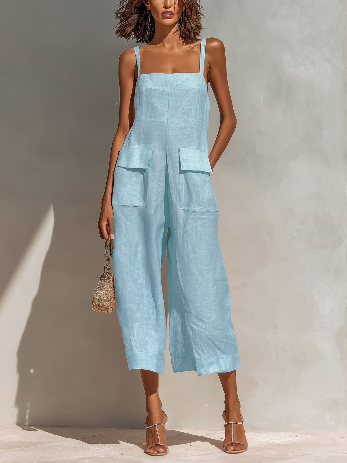Elara | Chic Elegant Pink Cotton Linen Blend Thin Straps Sleeveless Patch Pockets Loose-Fit Wide-Leg Cropped Jumpsuit