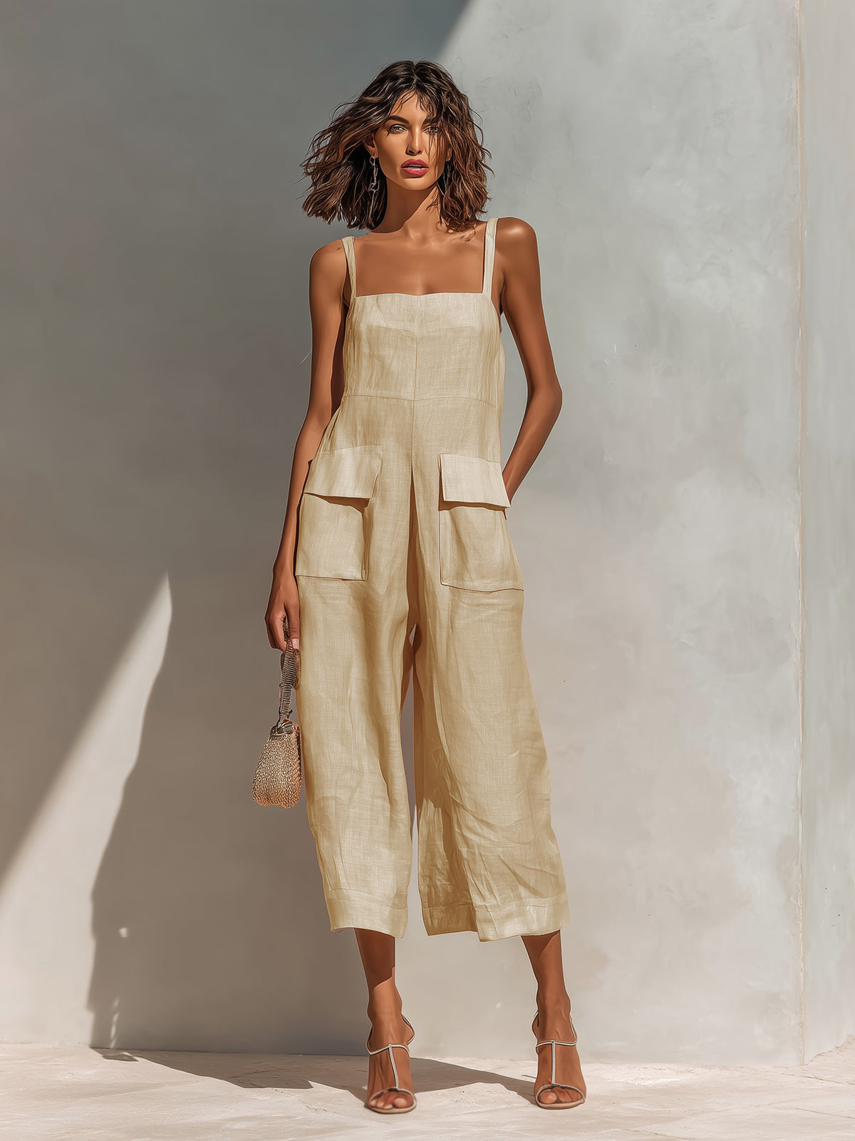 Elara | Chic Elegant Pink Cotton Linen Blend Thin Straps Sleeveless Patch Pockets Loose-Fit Wide-Leg Cropped Jumpsuit