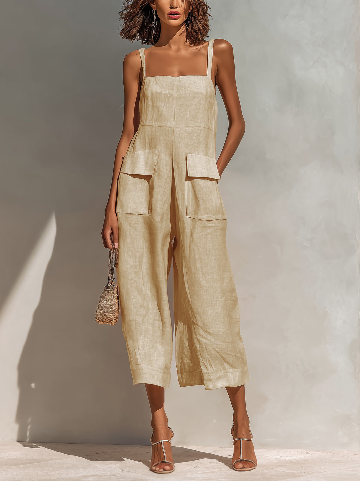 Elara | Chic Elegant Pink Cotton Linen Blend Thin Straps Sleeveless Patch Pockets Loose-Fit Wide-Leg Cropped Jumpsuit
