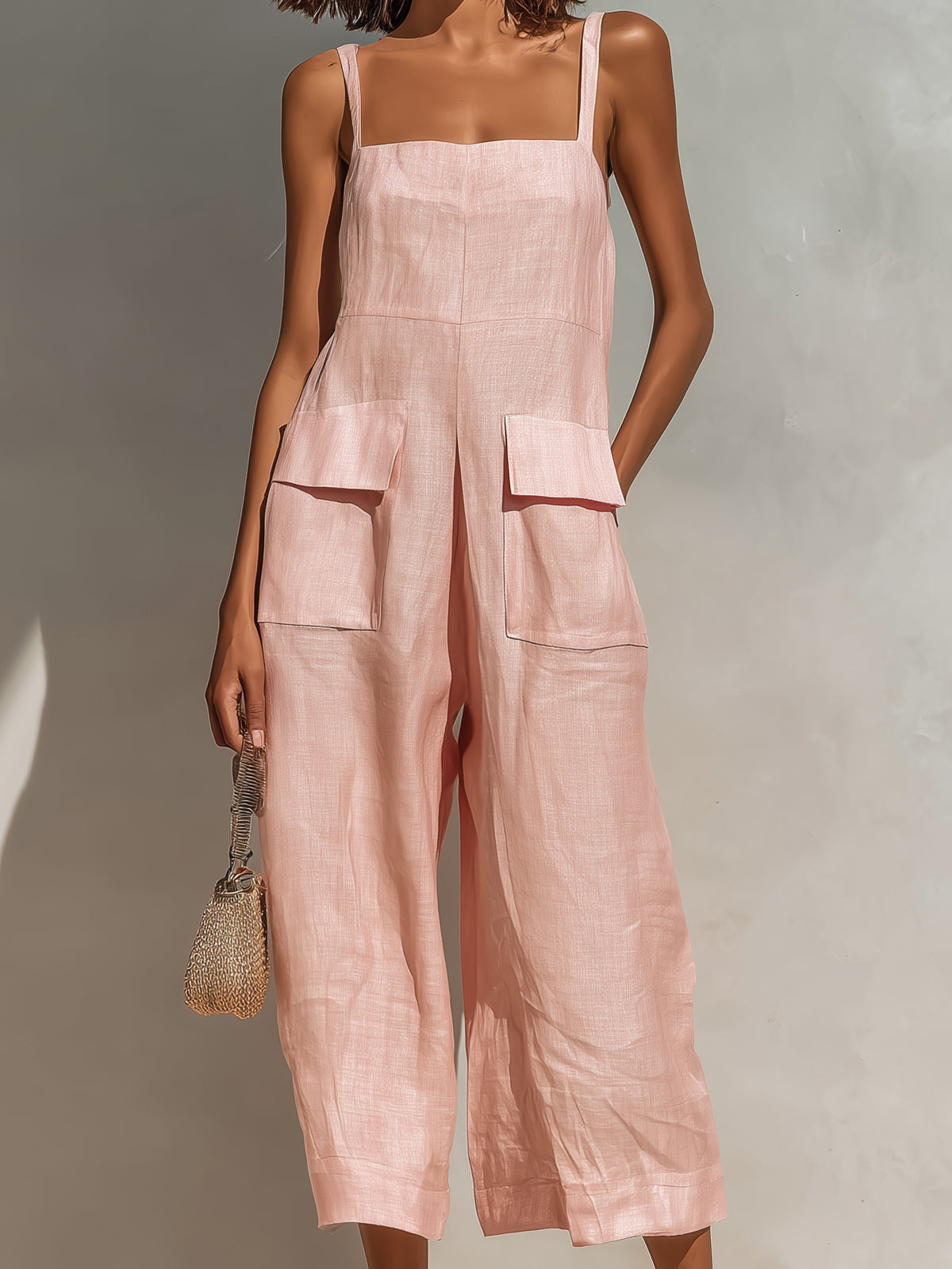 Elara | Chic Elegant Pink Cotton Linen Blend Thin Straps Sleeveless Patch Pockets Loose-Fit Wide-Leg Cropped Jumpsuit