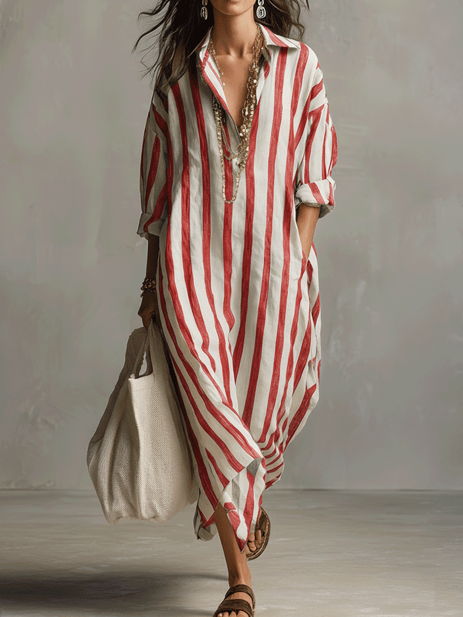 Angelica | Casual Striped Shirt Bohemian Style Maxi Dress
