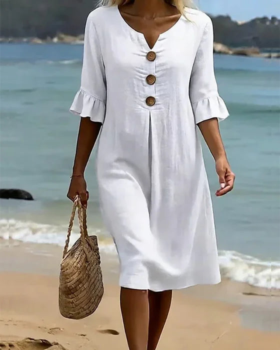 Victoria | Linen-Texture Puff Sleeve Button Dress