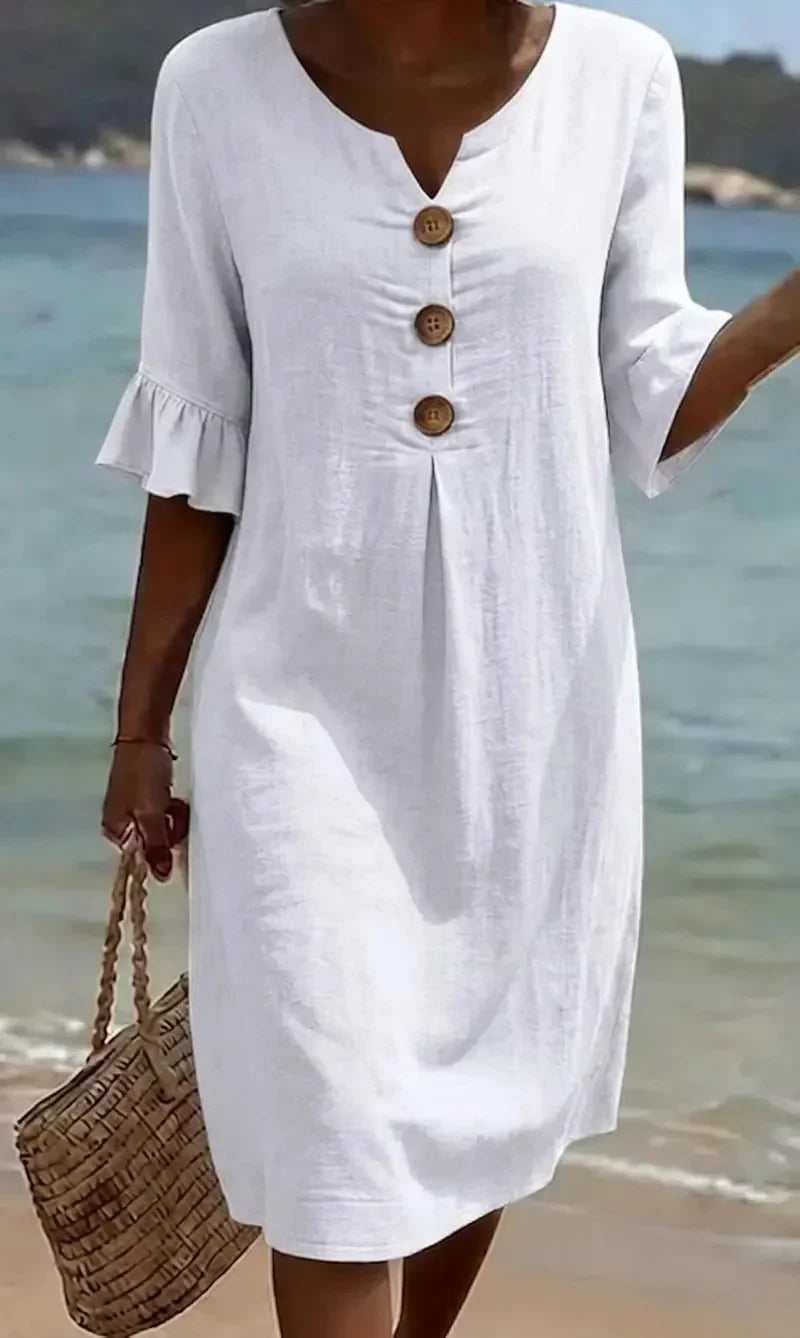 Victoria | Linen-Texture Puff Sleeve Button Dress