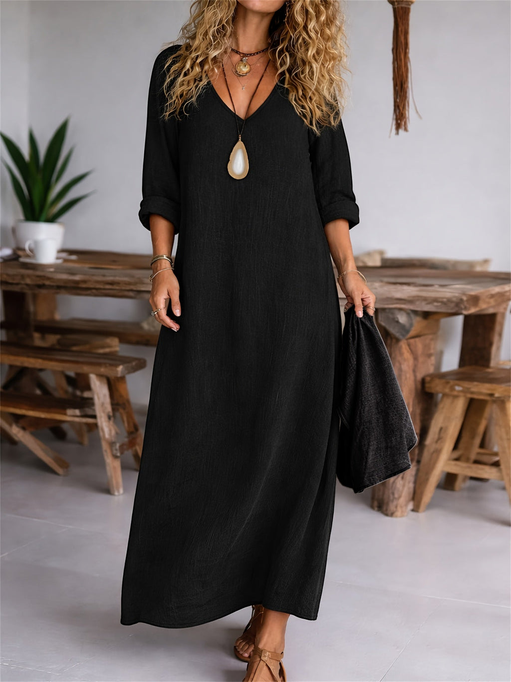 Clarisse | Women's V-neck Long Sleeve Solid Color Casual Loose Dress