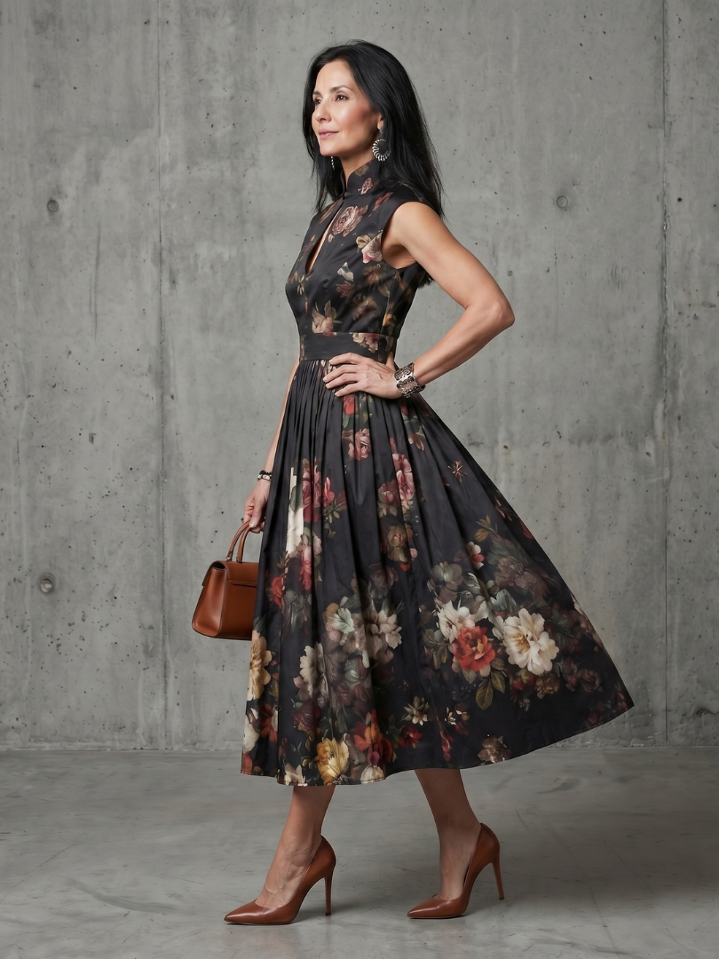 Greta | High Neck Keyhole Floral Midi Dress