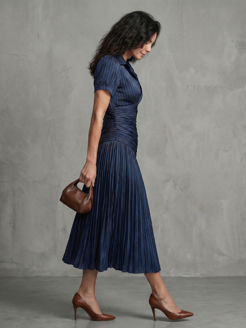 Theodora | Pleated Waist Stripe Midi Dress