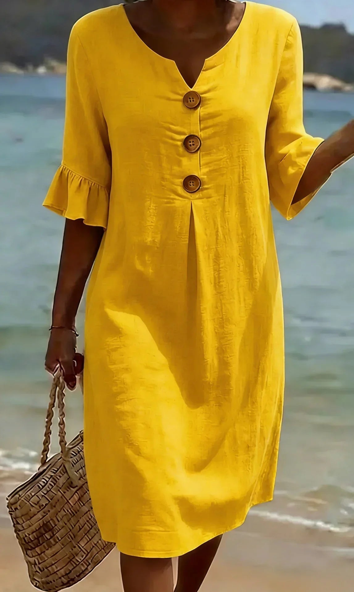 Victoria | Linen-Texture Puff Sleeve Button Dress