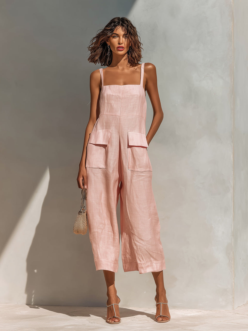 Elara | Chic Elegant Pink Cotton Linen Blend Thin Straps Sleeveless Patch Pockets Loose-Fit Wide-Leg Cropped Jumpsuit