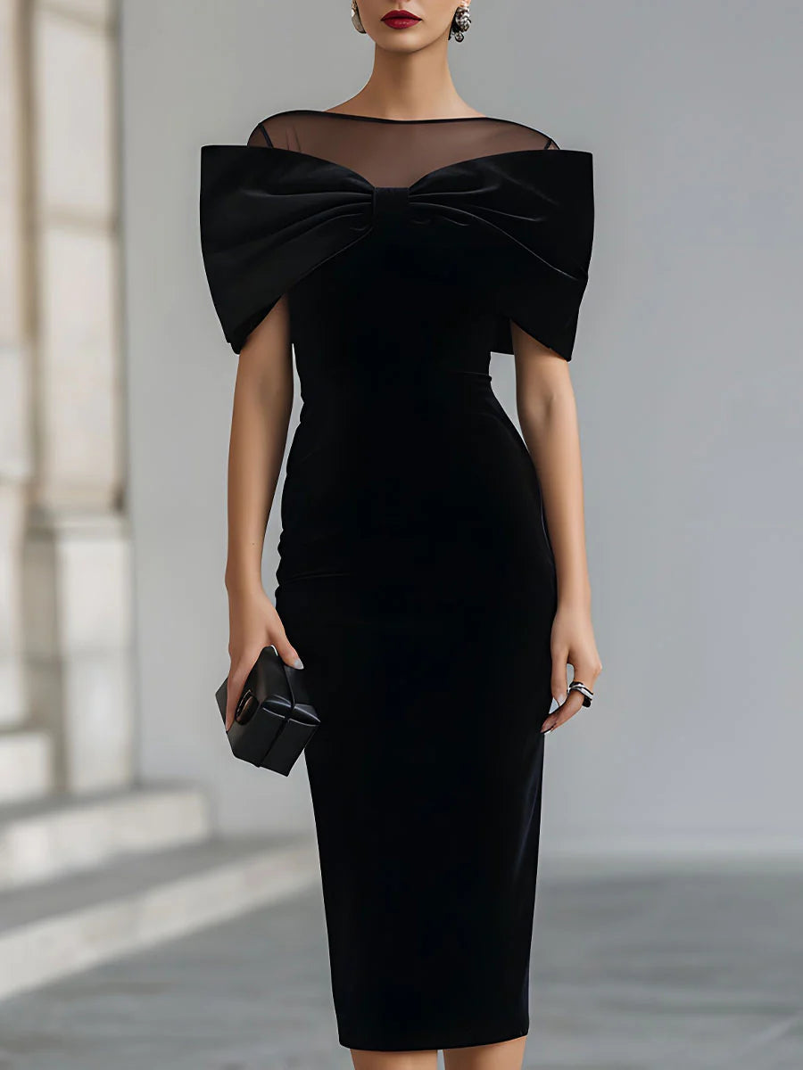 Donna | Dramatic Black Velvet Bow Midi Dress