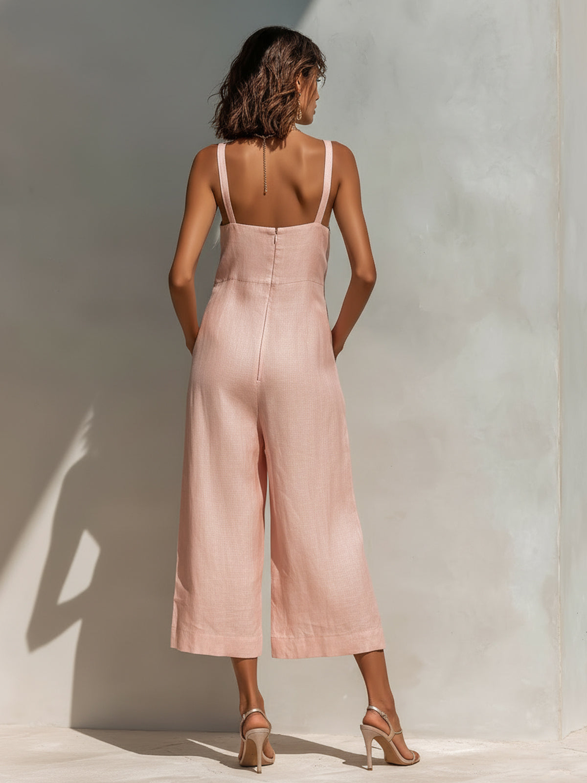 Elara | Chic Elegant Pink Cotton Linen Blend Thin Straps Sleeveless Patch Pockets Loose-Fit Wide-Leg Cropped Jumpsuit