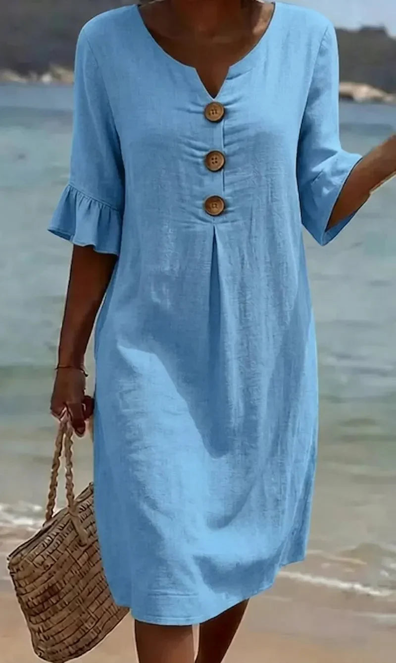 Victoria | Linen-Texture Puff Sleeve Button Dress